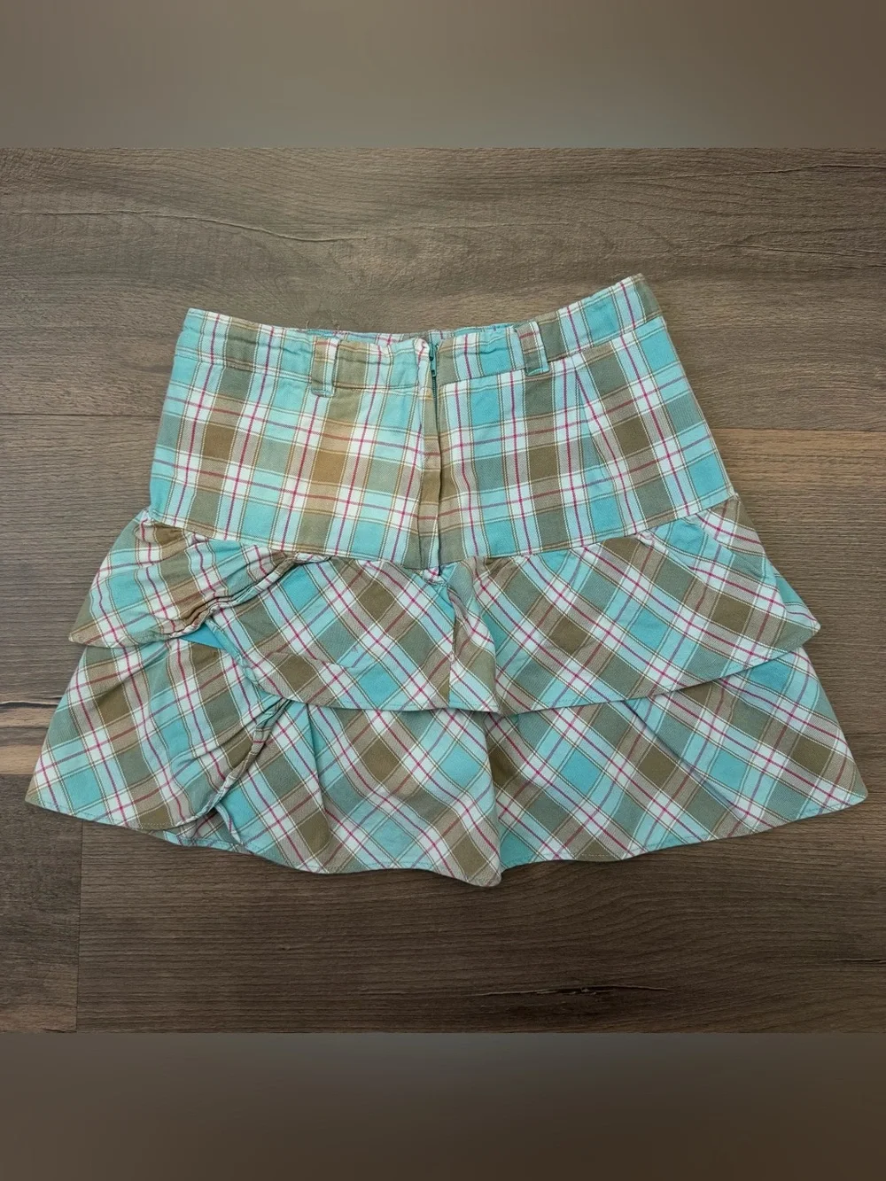 Vintage Y2K '05 GAP Kids Blue & Tan Plaid Tiered Ruffle Skirt Size 8